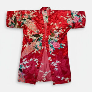 Wine Red Peacock Floral Satin Kimono Robe Jacket – Japanese Inspired Layer